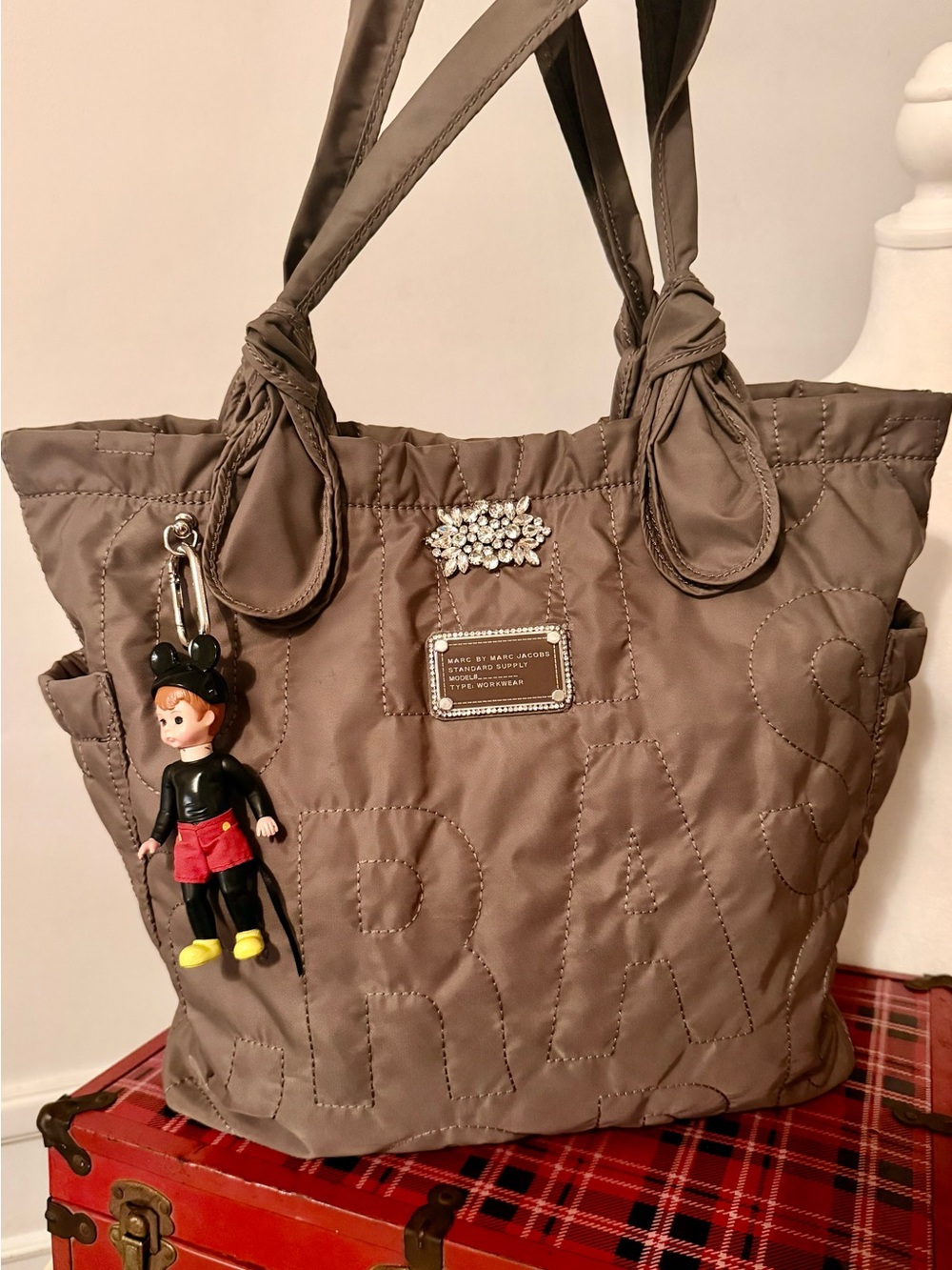 Marc by Marc Jacobs Quilted Taupe Tote Upcycled with Charm and Brooch